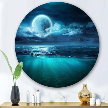 Romantic Moon Over Deep Blue Sea II - Landscape Oversized Circle Metal Wall Art